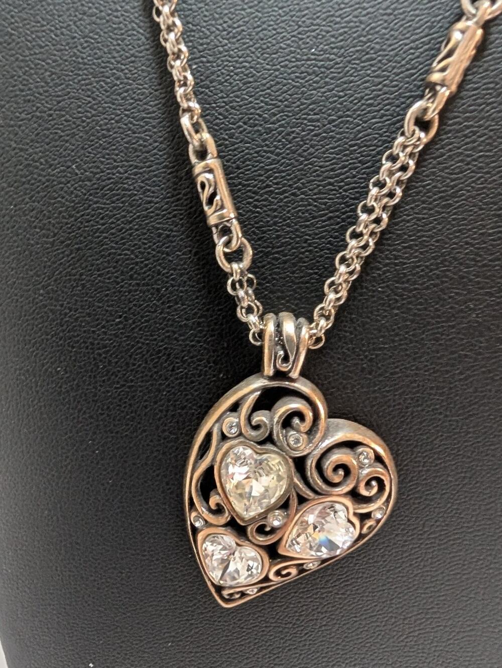 Brighton Silver Tone Filigree Heart Pendant Necklace with Clear Faceted Stones
